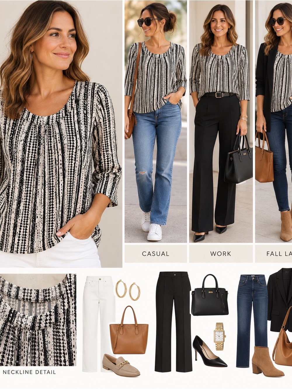 Black & White Striped with Silver Shimmer Scoop-Neck Blouse